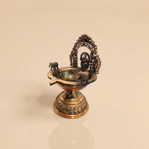 Traditional Superfine Brass Oil Diya with Goddess Lakshmi – Antique Finish Decorative Pooja Lamp  ( 7.5 Inch, Large )