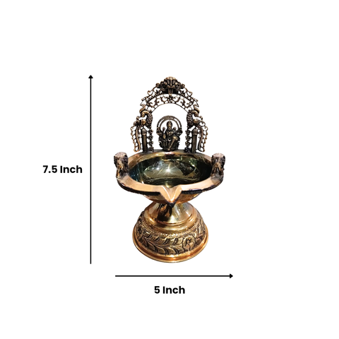 Traditional Superfine Brass Oil Diya with Goddess Lakshmi – Antique Finish Decorative Pooja Lamp  ( 7.5 Inch, Large )