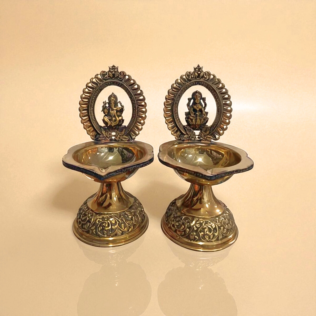 Traditional Superfine Brass Laxmi & Ganesh Deepam Pair| Pooja Oil Lamp for Home & Temple Décor (7.2 Inches, Pair )