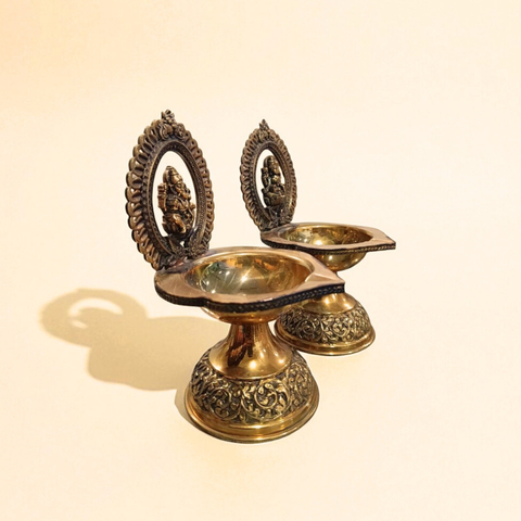 Traditional Superfine Brass Laxmi & Ganesh Deepam Pair| Pooja Oil Lamp for Home & Temple Décor (7.2 Inches, Pair )