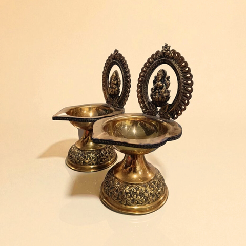 Traditional Superfine Brass Laxmi & Ganesh Deepam Pair| Pooja Oil Lamp for Home & Temple Décor (7.2 Inches, Pair )