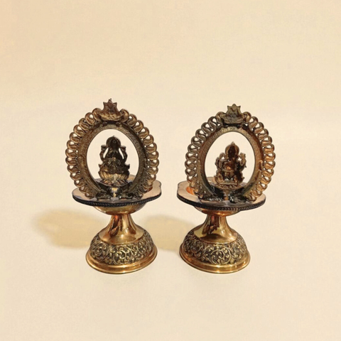Traditional Superfine Brass Laxmi & Ganesh Deepam Pair| Pooja Oil Lamp for Home & Temple Décor (7.2 Inches, Pair )