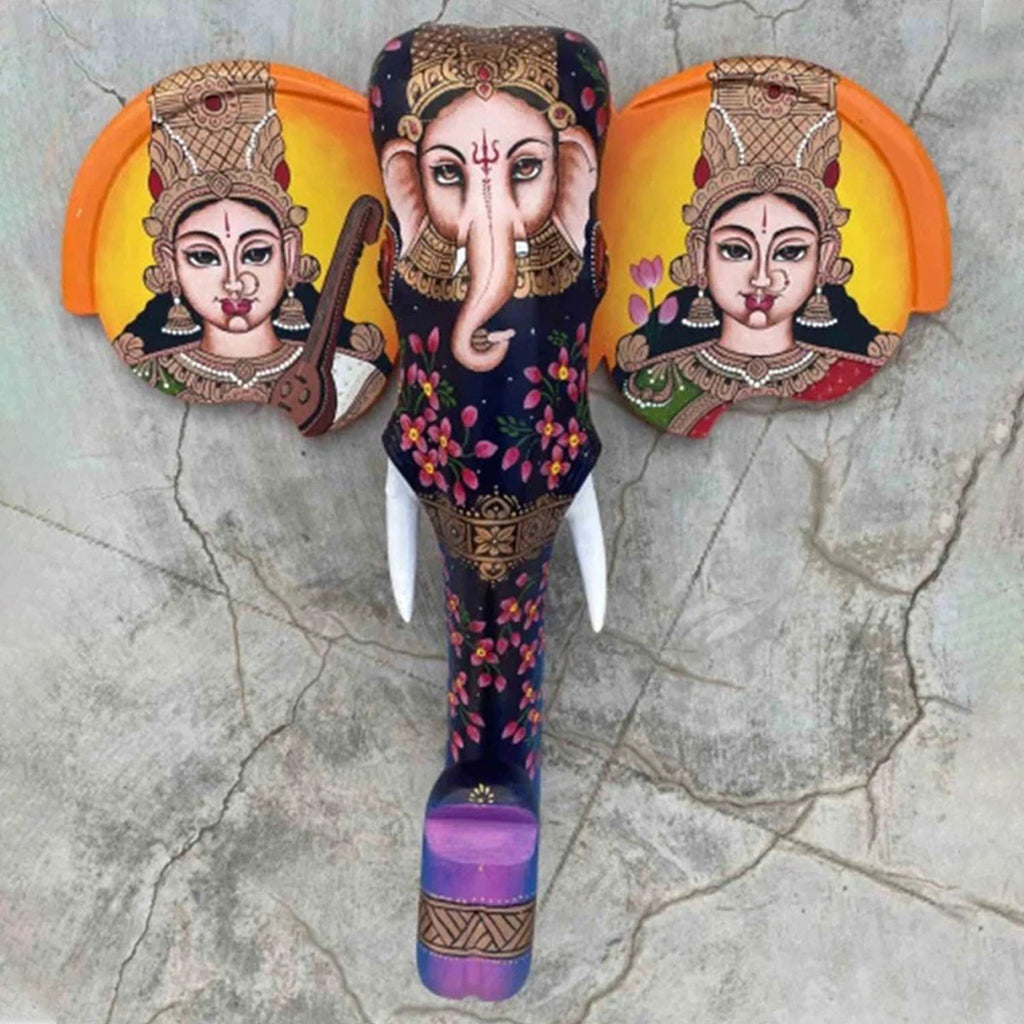wooden ganesha head, wooden elephant head , wooden elelphant jhead with laxmi and sarawati ,wall decor , 