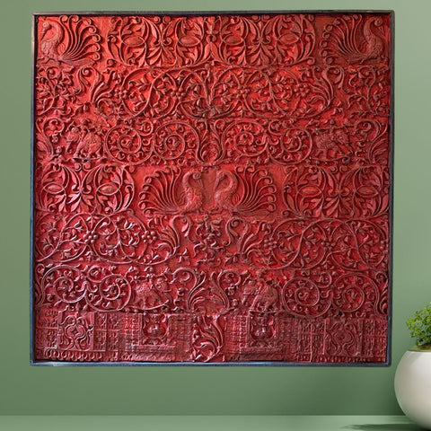 Bird Design Wooden Carved Red Panel