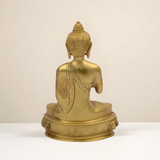 Back view of Amitabha Buddha brass statue showing smooth brass finish, detailed robe folds, and balanced seated posture.