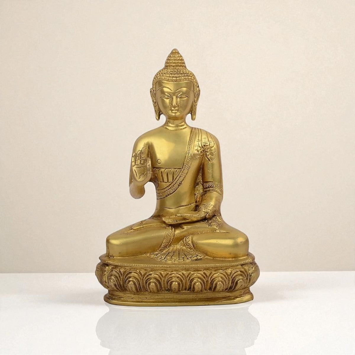 Front view of Amitabha Buddha brass statue seated in meditation posture, symbolizing peace, compassion, and spiritual wisdom.