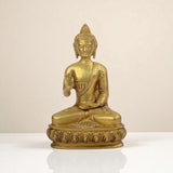 Front view of Amitabha Buddha brass statue seated in meditation posture, symbolizing peace, compassion, and spiritual wisdom.