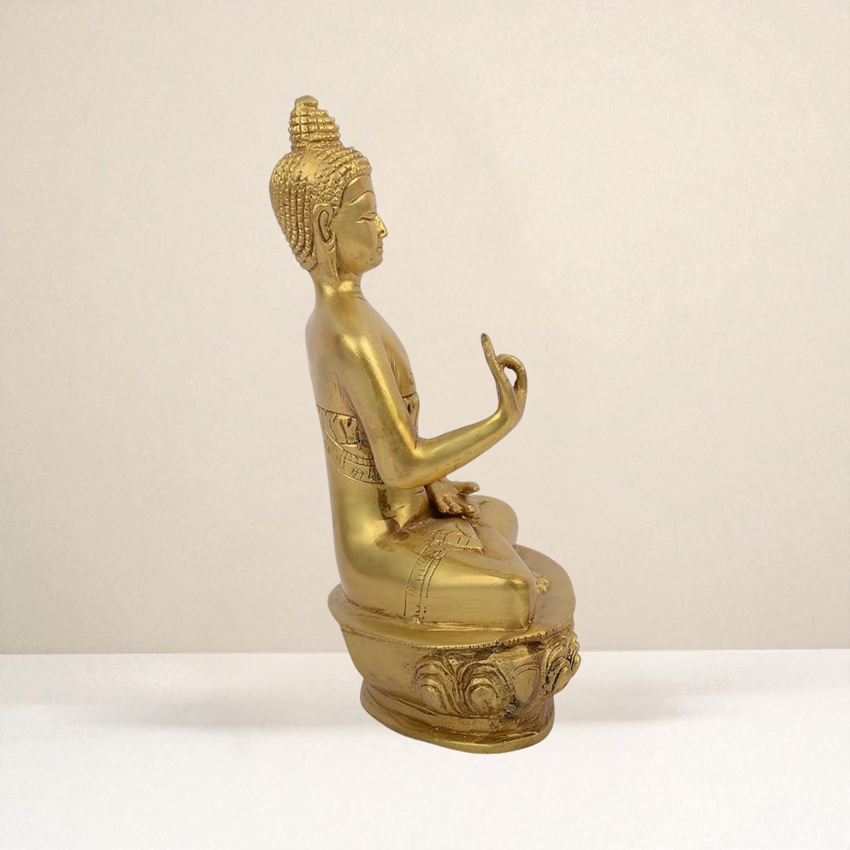 Right side angle of Amitabha Buddha brass idol highlighting the blessing hand gesture and smooth brass finish.