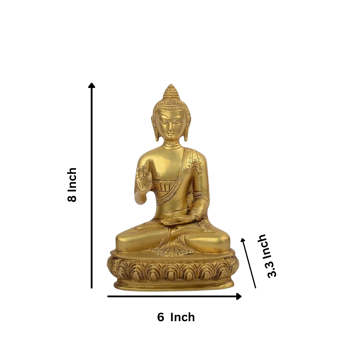 handcrafted Amitabha Buddha brass statue showing detailed robe work and serene facial expression with dimension. 