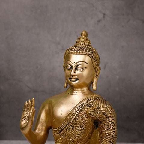 Authentic brass protection Buddha statue front view for Vastu and Feng Shui.