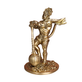 Left side view of brass Bahubali Hanuman statue showing muscular form and dynamic stance with white background.