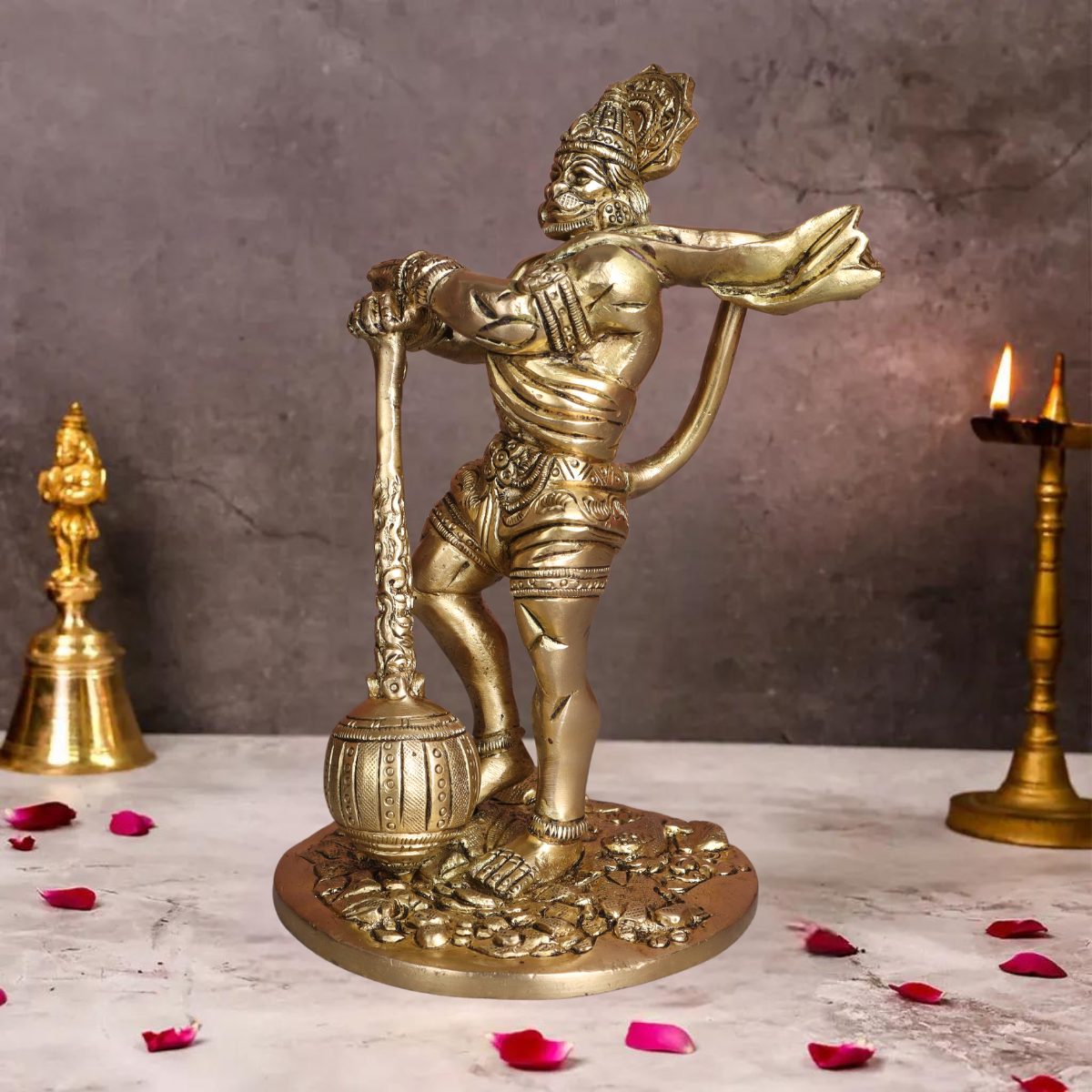 Left side view of brass Bahubali Hanuman statue showing muscular form and dynamic stance