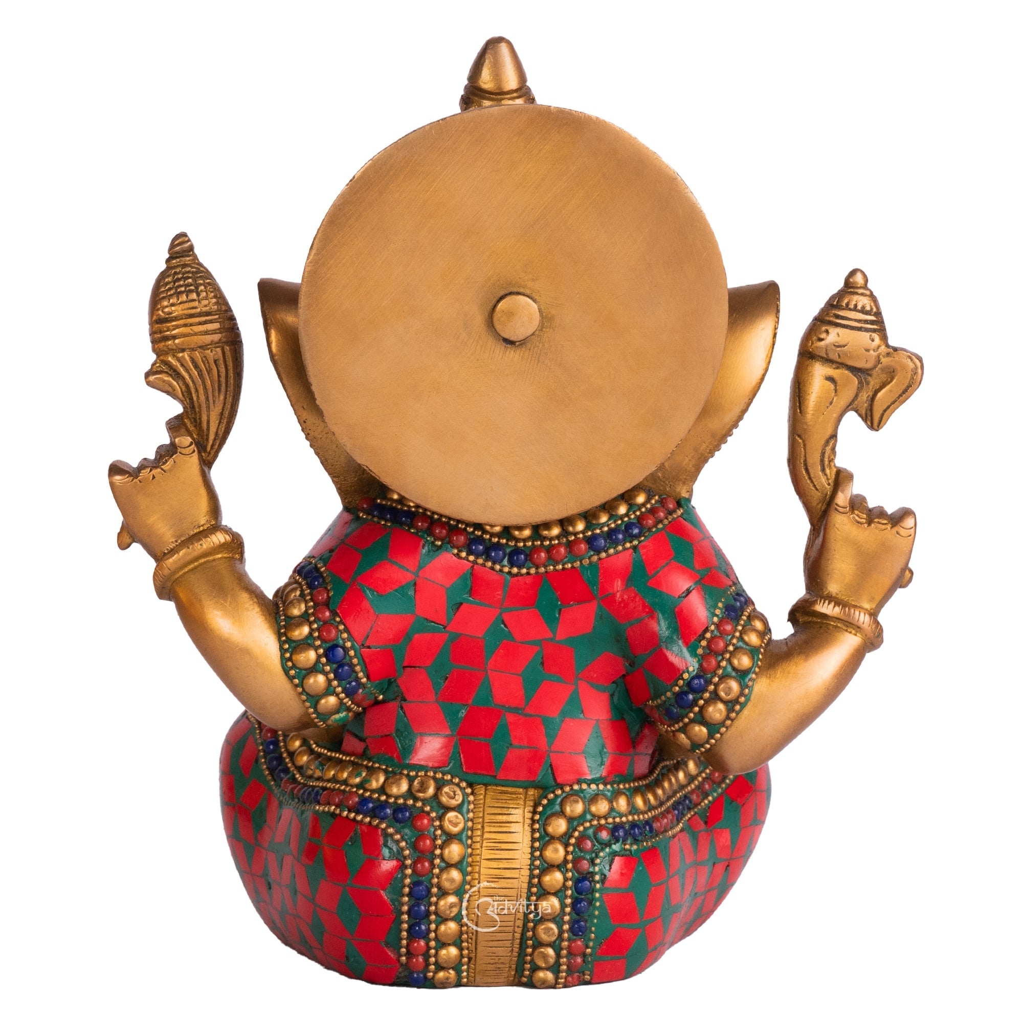Beautiful 8 inch Ganesha statue with colorful stonework finish and fine detailing back view