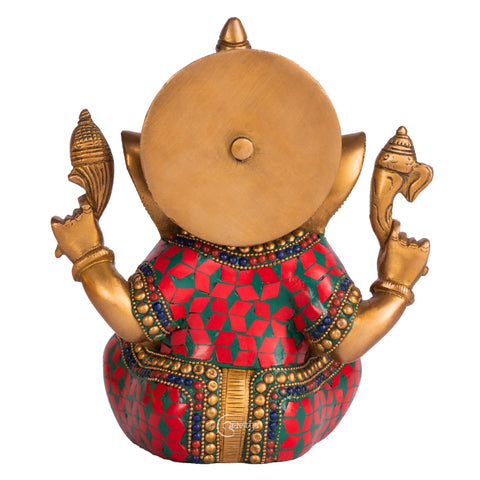 Beautiful 8 inch Ganesha statue with colorful stonework finish and fine detailing back view