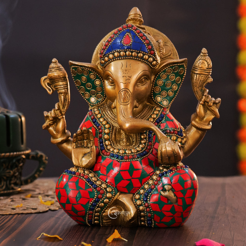 Beautiful 8 inch Ganesha statue with colorful stonework finish and fine detailing