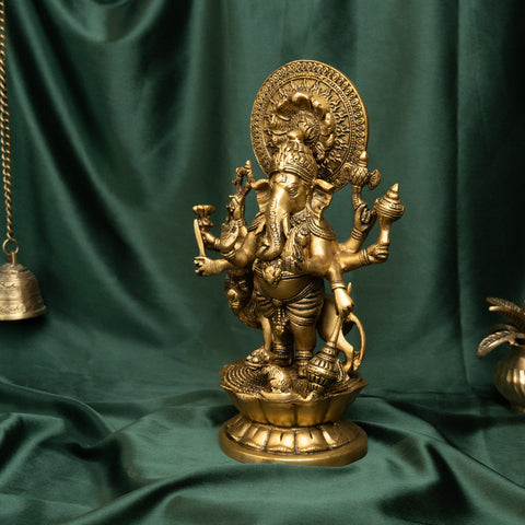 Side view of Brass Ashtabhuja Drishti Ganesh murti for home temple.