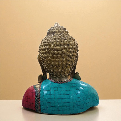 Back view of brass Buddha idol bust highlighting stone craftsmanship