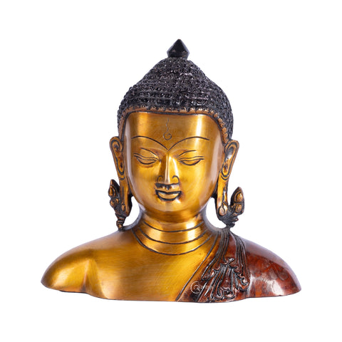 Nepali Brass Buddha Murti Bust with elegant shawl, perfect for home decor or meditation space with white background.