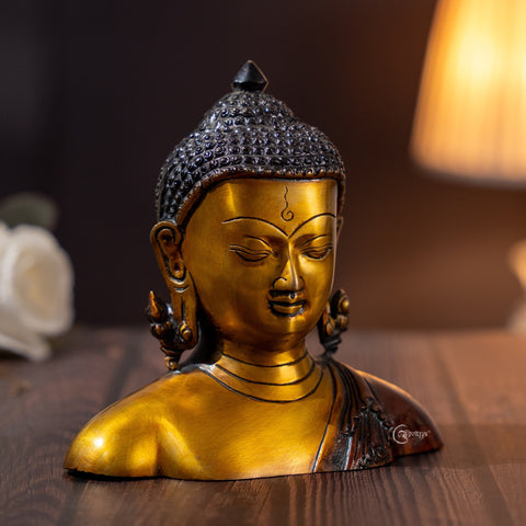 Nepali Brass Buddha Murti Bust with elegant shawl, perfect for home decor or meditation space.
