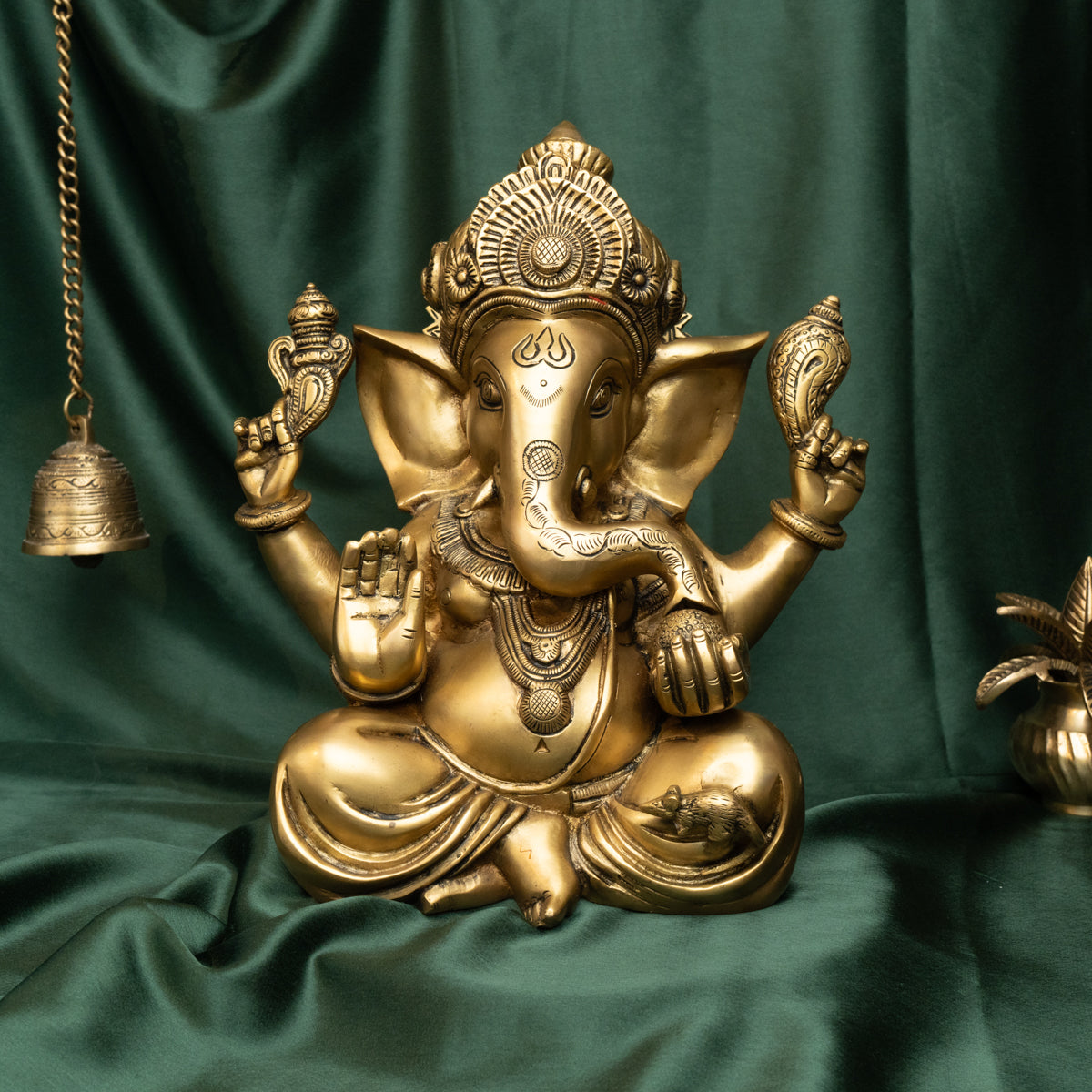 Front view of brass Ganesha blessing statue for mandir in sitting posture, 11.8 inch.
