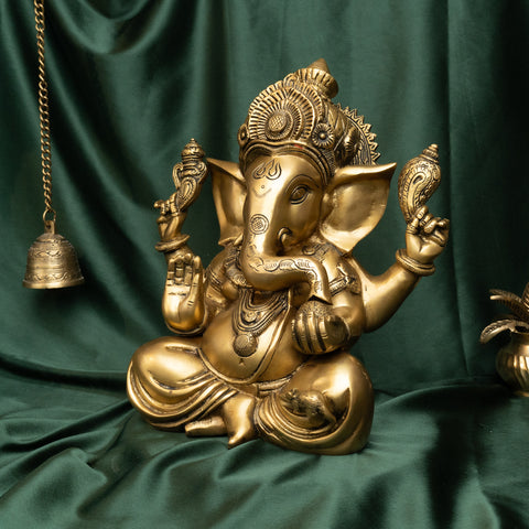 Side angle of 11.8 inch brass Ganesha blessing statue showing detailed craftsmanship.