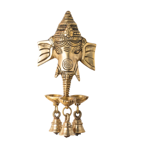 Brass Ganesha face wall hanging diya with bell 4.5 inch