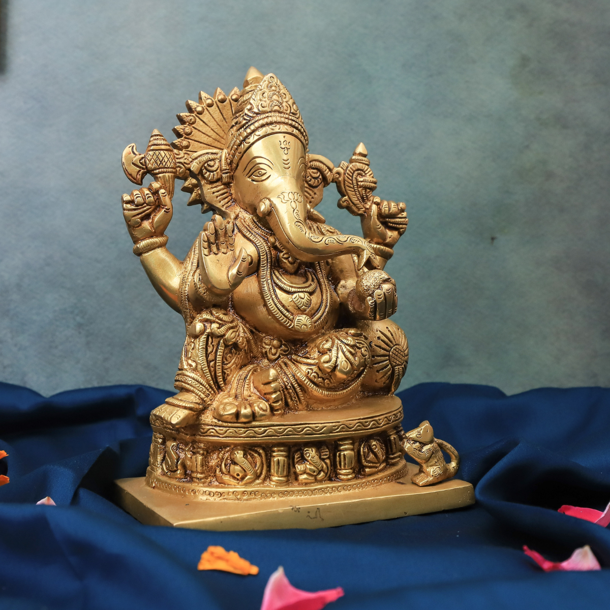 Brass Ganesha Statue 9 inch four-handed Vinayaka idol with modak seated on ornate base