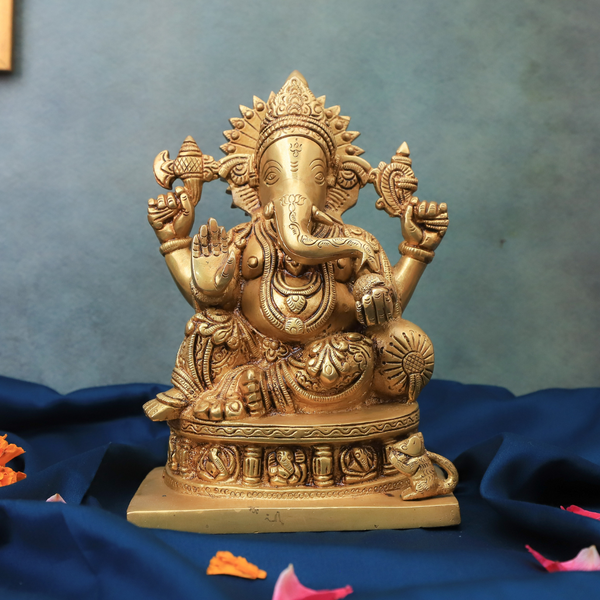 Brass Ganesha Statue 9 inch four-handed Vinayaka idol with modak