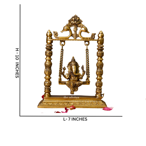 Dimension of 10-inch Brass Ganpati Idol on Jhula swing, highlighting the fine brass work and details of this decorative piece.