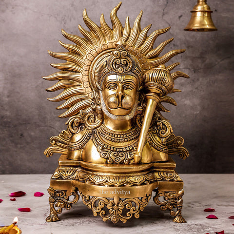 Front view of brass Hanuman bust idol with gada showing detailed facial features and ornate halo