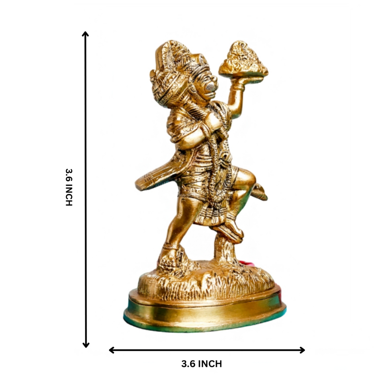 Close-up of brass standing Hanuman idol showing Sanjeevani mountain details
