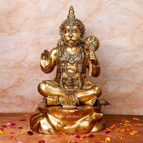 brass Hanuman statue 19 inch sitting with blessing hand and gada front view