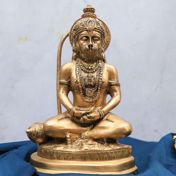 Brass Hanuman statue in meditating mudra front view
