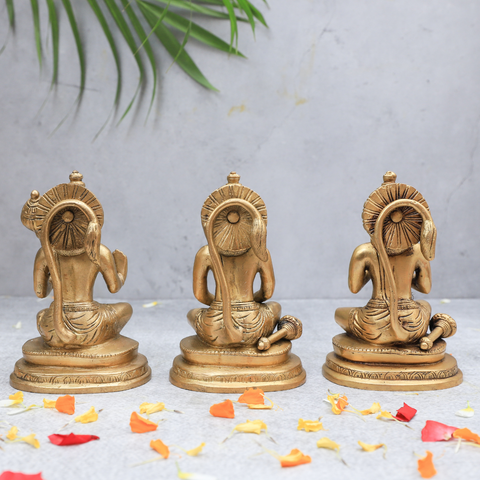 Back view of brass Hanuman statue set of 3 showing detailed craftsmanship and traditional design.