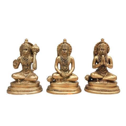 Brass Hanuman statue set of 3 showing three seated Hanuman idols in a front view for home pooja with white backround.
