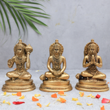 Brass Hanuman statue set of 3 showing three seated Hanuman idols in a front view for home pooja