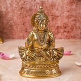 Front angle view of Brass Kuber Statue blessing on chowki.