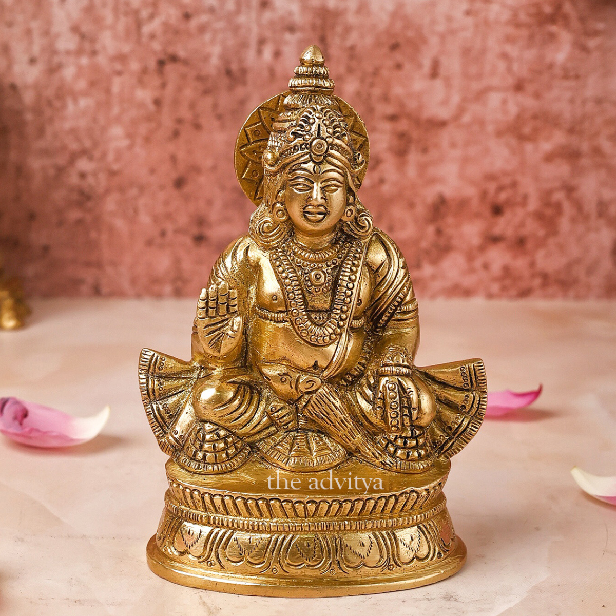 Front angle view of Brass Kuber Statue blessing on chowki.