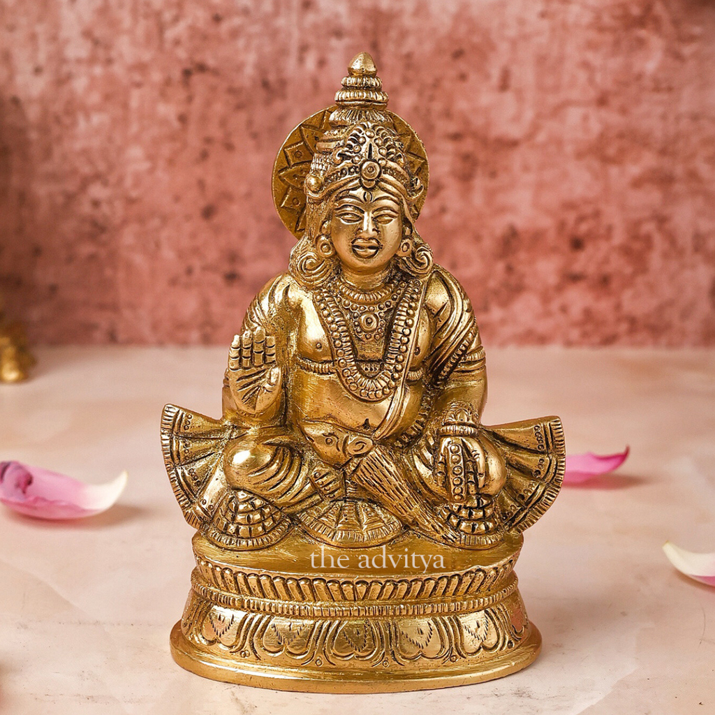 Front angle view of Brass Kuber Statue blessing on chowki.