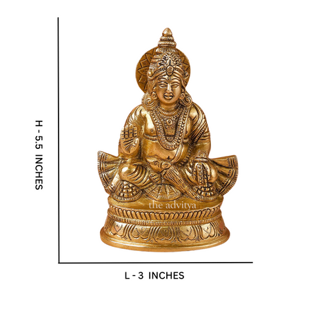 Close-up view of Brass Kuber Statue, highlighting facial features and craftsmanship with dimensions.