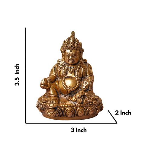 Brass Kubera Statue sitting on base with size and dimension reference