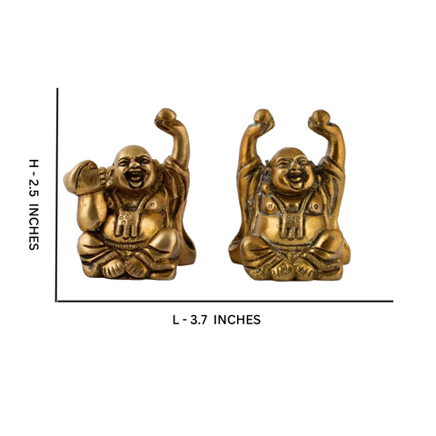 Dimension view of brass laughing Buddha idols showing detailed facial carving.