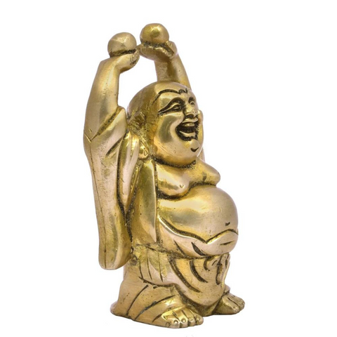 Left angle view of brass laughing Buddha murti with joyful expressions for home decor.

File Name: