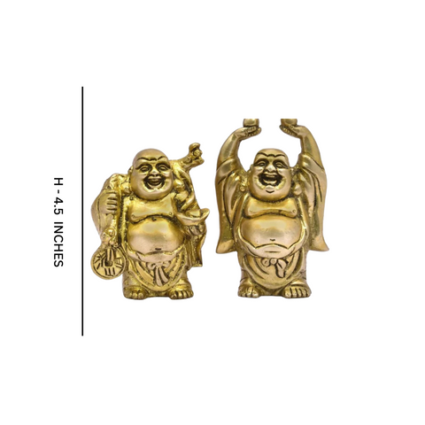 Detailed dimension view of a handcrafted brass laughing Buddha murti pair, showing detailed carving