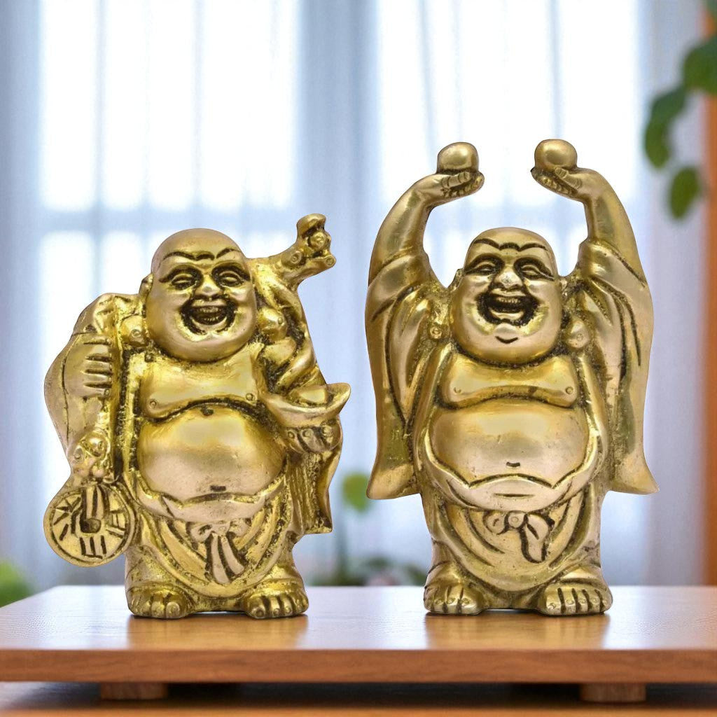 Front view of brass laughing Buddha murti pair symbolizing prosperity and positive energy.