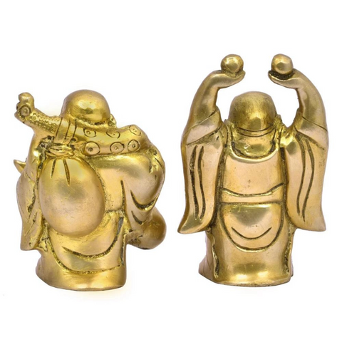 Back view gifting angle of brass laughing Buddha murti pair, perfect for festive and corporate gifts.