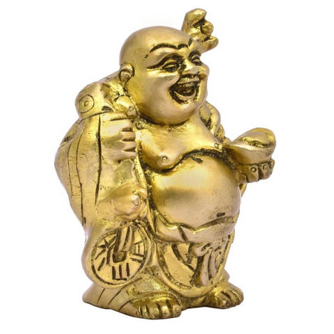 Left angle view of brass laughing Buddha murti pair with joyful expressions for home decor.