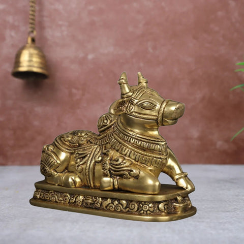 Close-up of brass Nandi Maharaj idol with fine detailing.