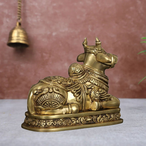 Side view of brass Nandi Maharaj idol for home temple