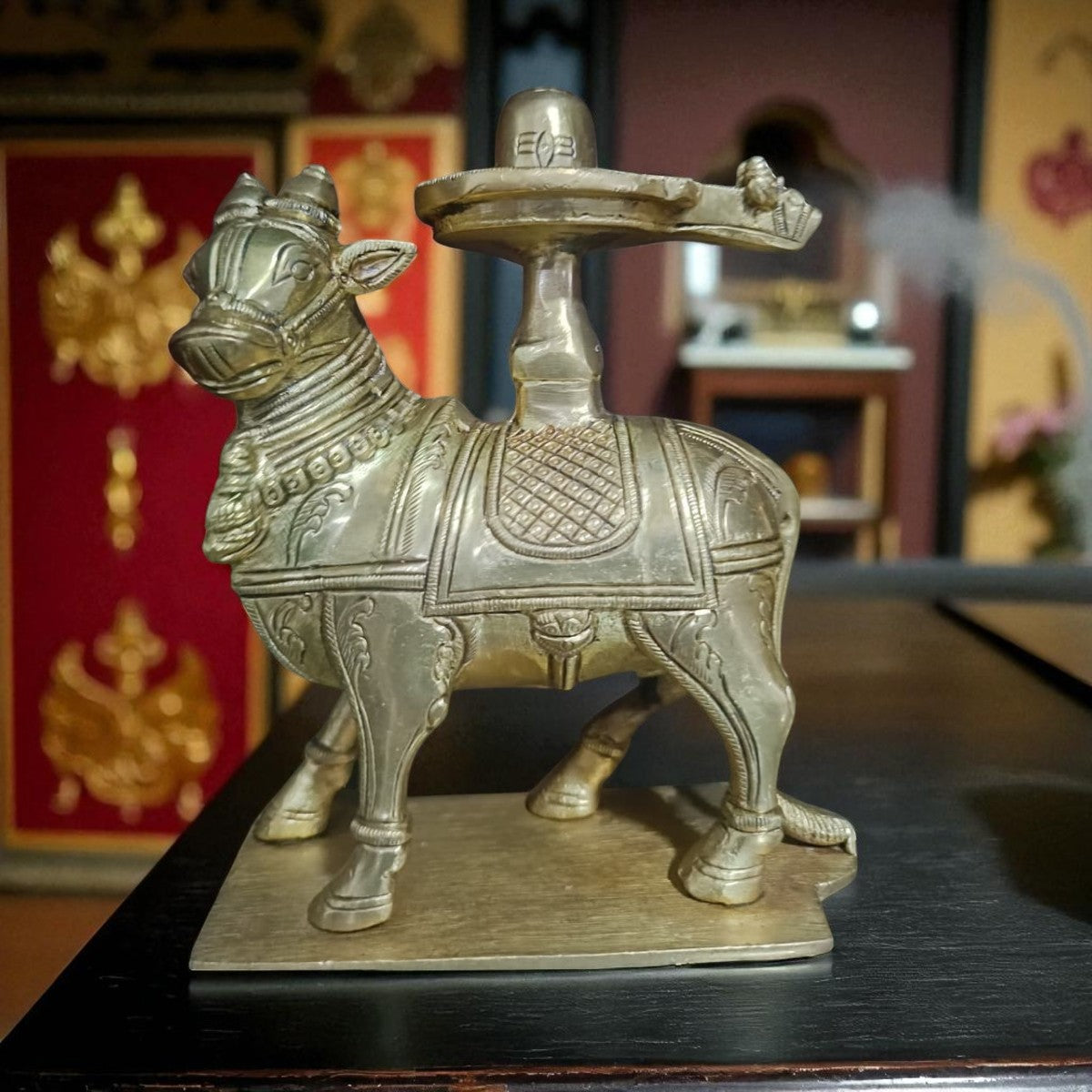 Brass Nandi with Shiva Lingam for Abhisheka front view for home mandir.